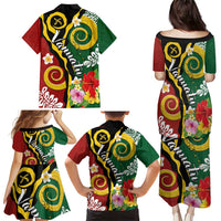 Melanesian Vanuatu Tribal Boar Tusk Family Matching Puletasi and Hawaiian Shirt Tropical Plants and Namele Motifs - Polynesian Pride