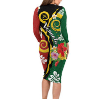 Melanesian Vanuatu Tribal Boar Tusk Long Sleeve Bodycon Dress Tropical Plants and Namele Motifs - Polynesian Pride