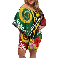 Melanesian Vanuatu Tribal Boar Tusk Off Shoulder Short Dress Tropical Plants and Namele Motifs - Polynesian Pride
