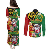Vanuatu Christmas Couples Matching Puletasi and Long Sleeve Button Shirt Funny Santa with Namele and Boar Tusk Tribal - Polynesian Pride