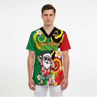 Vanuatu Christmas Scrub Top Funny Santa with Namele and Boar Tusk Tribal - Polynesian Pride
