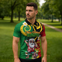 Vanuatu Christmas Zipper Polo Shirt Funny Santa with Namele and Boar Tusk Tribal - Polynesian Pride
