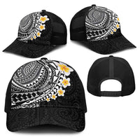 Hawaiian Tribal Tattoo and Plumeria Baseball Net Cap Polynesian Pattern Black Color