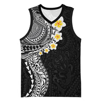 Hawaiian Tribal Tattoo and Plumeria Basketball Jersey Polynesian Pattern Black Color