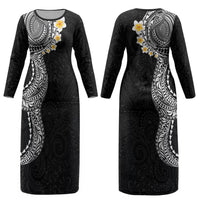 Hawaiian Tribal Tattoo and Plumeria Couples Matching Long Sleeve Bodycon Dress and Long Sleeve Button Shirt Polynesian Pattern Black Color