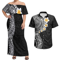 Hawaiian Tribal Tattoo and Plumeria Couples Matching Off Shoulder Maxi Dress and Hawaiian Shirt Polynesian Pattern Black Color
