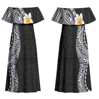 Hawaiian Tribal Tattoo and Plumeria Couples Matching Off Shoulder Maxi Dress and Hawaiian Shirt Polynesian Pattern Black Color
