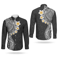 Hawaiian Tribal Tattoo and Plumeria Couples Matching Off Shoulder Maxi Dress and Long Sleeve Button Shirt Polynesian Pattern Black Color