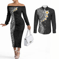 Hawaiian Tribal Tattoo and Plumeria Couples Matching Off The Shoulder Long Sleeve Dress and Long Sleeve Button Shirt Polynesian Pattern Black Color