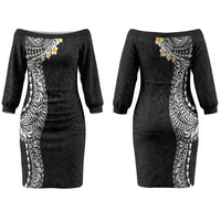 Hawaiian Tribal Tattoo and Plumeria Couples Matching Off The Shoulder Long Sleeve Dress and Long Sleeve Button Shirt Polynesian Pattern Black Color