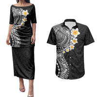 Hawaiian Tribal Tattoo and Plumeria Couples Matching Puletasi and Hawaiian Shirt Polynesian Pattern Black Color