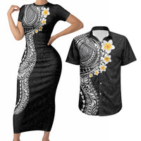 Hawaiian Tribal Tattoo and Plumeria Couples Matching Short Sleeve Bodycon Dress and Hawaiian Shirt Polynesian Pattern Black Color