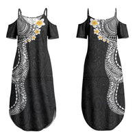 Hawaiian Tribal Tattoo and Plumeria Couples Matching Summer Maxi Dress and Hawaiian Shirt Polynesian Pattern Black Color