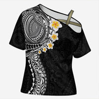Hawaiian Tribal Tattoo and Plumeria Cross Shoulder Shirt Polynesian Pattern Black Color