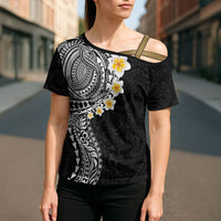 Hawaiian Tribal Tattoo and Plumeria Cross Shoulder Shirt Polynesian Pattern Black Color