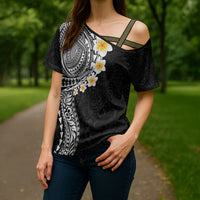 Hawaiian Tribal Tattoo and Plumeria Cross Shoulder Shirt Polynesian Pattern Black Color