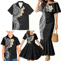 Hawaiian Tribal Tattoo and Plumeria Family Matching Mermaid Dress and Hawaiian Shirt Polynesian Pattern Black Color