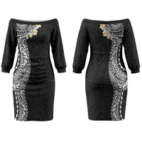 Hawaiian Tribal Tattoo and Plumeria Family Matching Off The Shoulder Long Sleeve Dress and Hawaiian Shirt Polynesian Pattern Black Color
