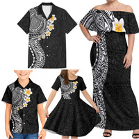 Hawaiian Tribal Tattoo and Plumeria Family Matching Off Shoulder Maxi Dress and Hawaiian Shirt Polynesian Pattern Black Color