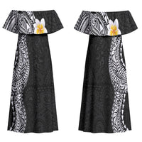 Hawaiian Tribal Tattoo and Plumeria Family Matching Off Shoulder Maxi Dress and Hawaiian Shirt Polynesian Pattern Black Color