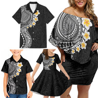Hawaiian Tribal Tattoo and Plumeria Family Matching Off Shoulder Short Dress and Hawaiian Shirt Polynesian Pattern Black Color