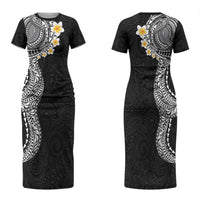 Hawaiian Tribal Tattoo and Plumeria Family Matching Short Sleeve Bodycon Dress and Hawaiian Shirt Polynesian Pattern Black Color