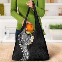 Hawaiian Tribal Tattoo and Plumeria Grocery Bag Polynesian Pattern Black Color