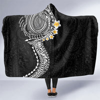 Hawaiian Tribal Tattoo and Plumeria Hooded Blanket Polynesian Pattern Black Color