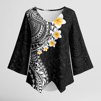 Hawaiian Tribal Tattoo and Plumeria Kimono Sleeve Blouse Polynesian Pattern Black Color
