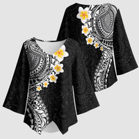 Hawaiian Tribal Tattoo and Plumeria Kimono Sleeve Blouse Polynesian Pattern Black Color