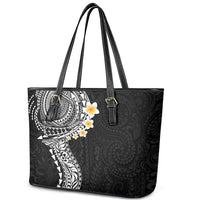 Hawaiian Tribal Tattoo and Plumeria Leather Tote Bag Polynesian Pattern Black Color