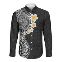 Hawaiian Tribal Tattoo and Plumeria Long Sleeve Button Shirt Polynesian Pattern Black Color