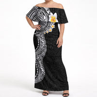 Hawaiian Tribal Tattoo and Plumeria Off Shoulder Maxi Dress Polynesian Pattern Black Color