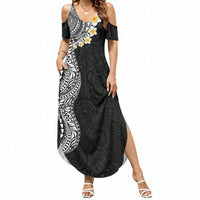 Hawaiian Tribal Tattoo and Plumeria Summer Maxi Dress Polynesian Pattern Black Color