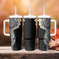 Hawaiian Tribal Tattoo and Plumeria Tumbler With Handle Polynesian Pattern Black Color