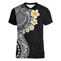 Hawaiian Tribal Tattoo and Plumeria Women V-Neck T-Shirt Polynesian Pattern Black Color