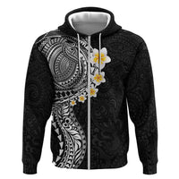 Hawaiian Tribal Tattoo and Plumeria Zip Hoodie Polynesian Pattern Black Color
