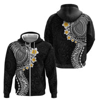 Hawaiian Tribal Tattoo and Plumeria Zip Hoodie Polynesian Pattern Black Color