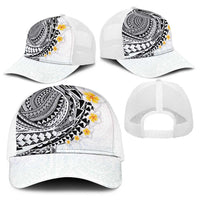 Hawaiian Tribal Tattoo and Plumeria Baseball Net Cap Polynesian Pattern White Color