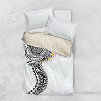 Hawaiian Tribal Tattoo and Plumeria Bedding Set Polynesian Pattern White Color