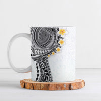 Hawaiian Tribal Tattoo and Plumeria Ceramic Mug Polynesian Pattern White Color