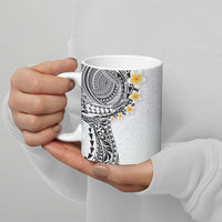 Hawaiian Tribal Tattoo and Plumeria Ceramic Mug Polynesian Pattern White Color