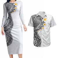 Hawaiian Tribal Tattoo and Plumeria Couples Matching Long Sleeve Bodycon Dress and Hawaiian Shirt Polynesian Pattern White Color