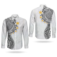 Hawaiian Tribal Tattoo and Plumeria Couples Matching Long Sleeve Bodycon Dress and Long Sleeve Button Shirt Polynesian Pattern White Color