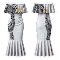 Hawaiian Tribal Tattoo and Plumeria Couples Matching Mermaid Dress and Hawaiian Shirt Polynesian Pattern White Color