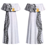 Hawaiian Tribal Tattoo and Plumeria Couples Matching Off Shoulder Maxi Dress and Hawaiian Shirt Polynesian Pattern White Color