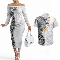 Hawaiian Tribal Tattoo and Plumeria Couples Matching Off The Shoulder Long Sleeve Dress and Hawaiian Shirt Polynesian Pattern White Color