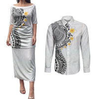 Hawaiian Tribal Tattoo and Plumeria Couples Matching Puletasi and Long Sleeve Button Shirt Polynesian Pattern White Color