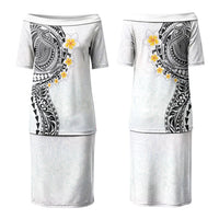 Hawaiian Tribal Tattoo and Plumeria Couples Matching Puletasi and Long Sleeve Button Shirt Polynesian Pattern White Color