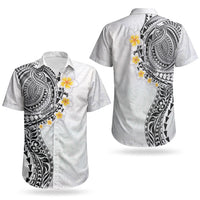 Hawaiian Tribal Tattoo and Plumeria Couples Matching Short Sleeve Bodycon Dress and Hawaiian Shirt Polynesian Pattern White Color